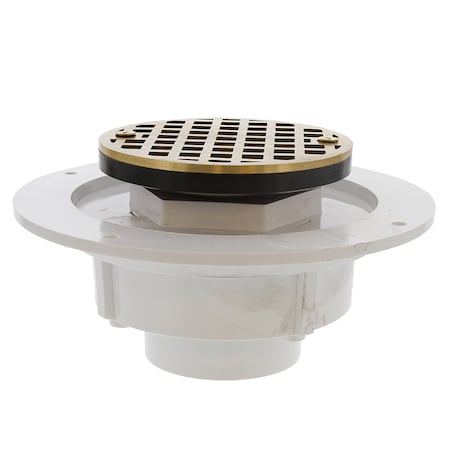Jones Stephens 2in PVC Shower Drain, 2in Plastic Spud, 4in Round Polished Brass Cast Strainer, Grout Ring D50709
